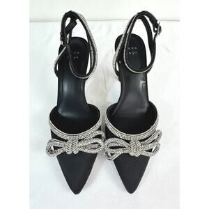 A New Day Women's Rhinestone Bow Heels Black Satin Ankle Strap Sz 6